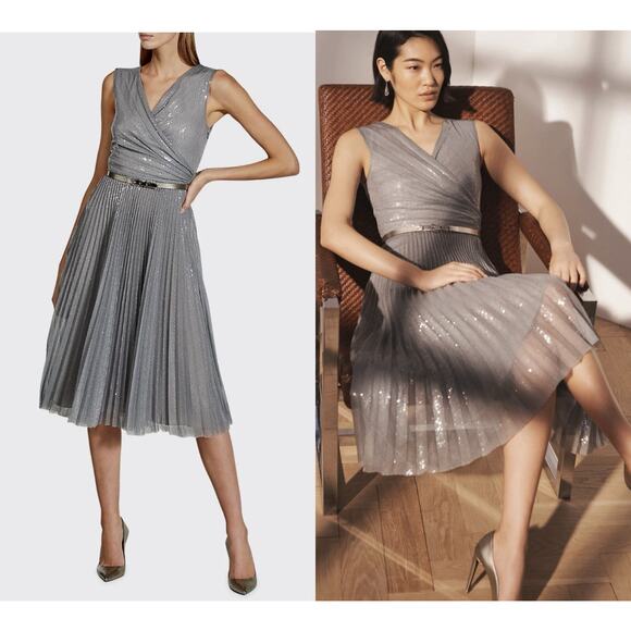 Ralph Lauren Collection Embellished Fit Flare Pleated Sequin Midi Dress 10 $6K - Picture 1 of 9